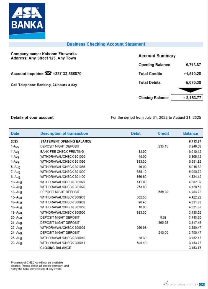 Download ASA Banka company checking account statement Word and PDF template Photoshop template